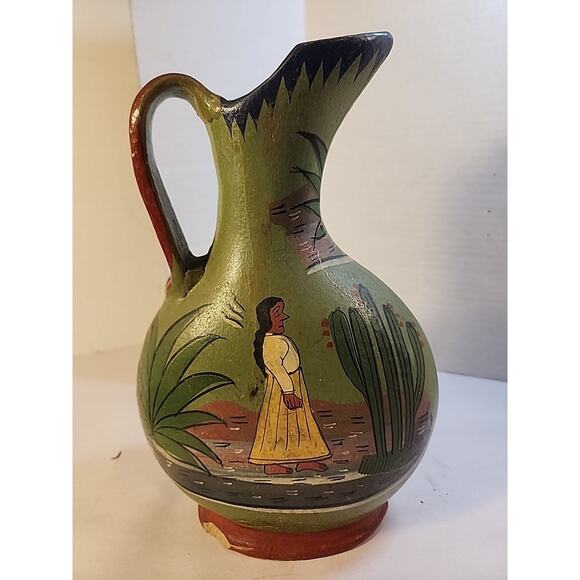 Vintage Terra-Cotta PITCHER Red Clay Hand Made & Painted Mexico Signed Folk Art - Picture 1 of 10